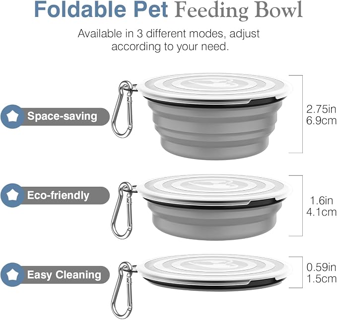 Pawaboo Collapsible Travel Dog Bowls 2 Pack with Lids&Carabiners Silicone | Feeding Watering Bowls for Dogs Cats, Collapsable Water Feeder Food Bowl for Walking Traveling Home Use, Blue + Grey - Image 6