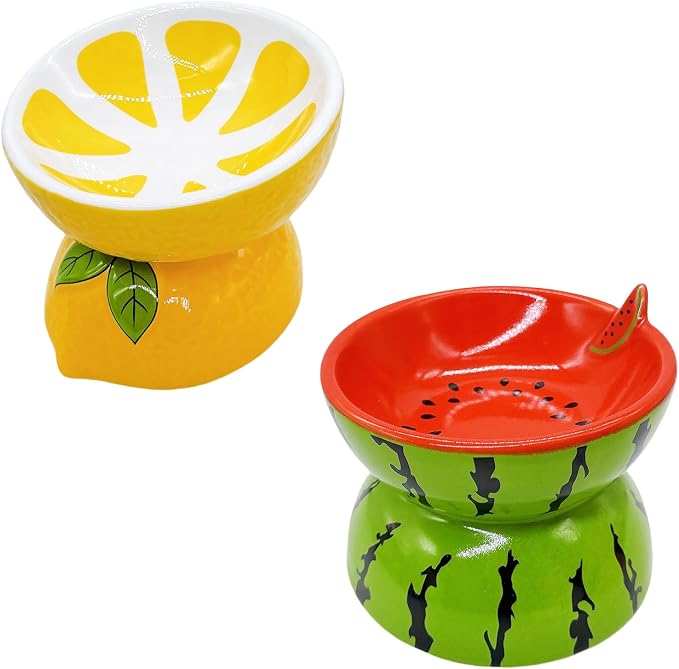2PCS Ceramic Elevated Cat Bowls Raised Cat Food and Water Bowl Dishes Set | 5.2in Tilted Anti Vomiting Slow Feeder Cat Dishes, Whisker Friendly for Indoor kitten,Cute Watermelon & Lemon Design - Image 8