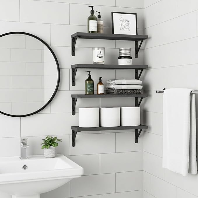 Fixwal Wall Floating Shelves for Home Decor (Black, Set of 4, 16.5 Inch) | Wood Shelves, Natural Grain, 40Lb Capacity, Sturdy Triangle Brackets, Versatile for Any Room - Image 6