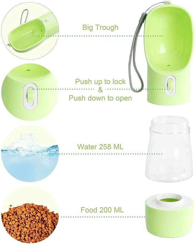 Portable Dog Water Bottle with Food Container Dishwasher Safe-Green | 3 IN1 Drinking Bottle for Pet Puppy Outdoor Walking Hiking Travel | Leak Proof Dog Water dispenser with Bowl BPA Free - Image 2