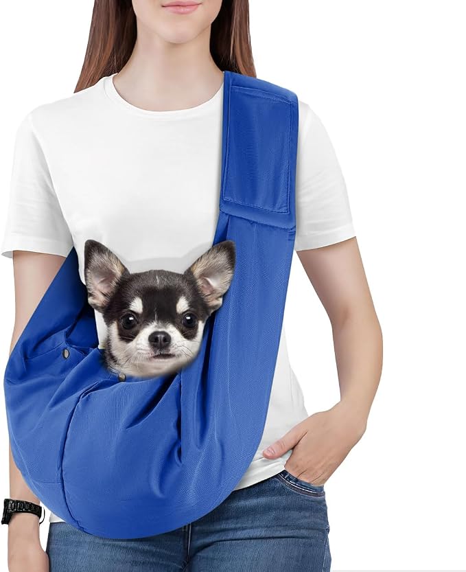 Pawaboo Small Dog Sling Carrier | Reversible Puppy Small Pet Carrier,Hands Free,Safety Buckle,Storage Pocket for Travel,Outdoor Activities Sapphire Blue by Pawaboo