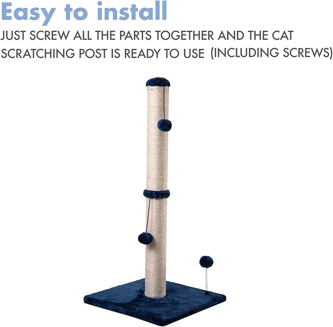 MECOOL 34“ Tall Cat Scratching Post Premium Basics Kitten Scratcher Sisal Scratch Posts Trees with Hanging Ball for Indoor Cats, Navy - Image 7