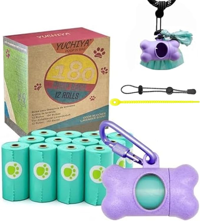 Dog Poop Bags Holder Dispenser with Leak-Proof Scented Doggy Waste Bags and Carabiner Plus Hook and Loop Fastener Never Loose on Leash Lead Again (Purple, 1 Holder 195 Bags) by YUCHIYA