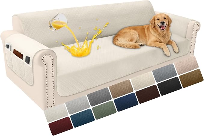 Velvet 100% Waterproof Couch Cover for Dogs Washable Sofa Covers for 3 Cushion Couch Pet Friendly Extra Large Sofa Slipcover Non Slip Furniture Protector with Pockets (X-Large, Light Beige) by YUEVELLASofaCover