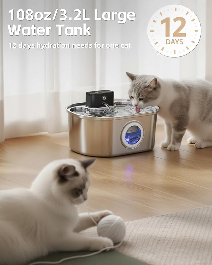 Cordless 3.2L/108oz Stainless Steel Cat Water Fountain Pet Fountain | Rechargeable Pet Water Dispenser - Motion Sensor Activation - Multi-Layer Filtration - Ultra-Quiet Pump (4 Filters) - Image 3