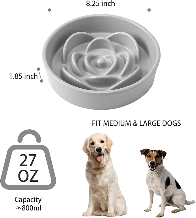 8.25'' Ceramic Slow Feeder Dog Bowls - Petal Shape Modern Dog Food Dish for Medium and Large Breeds, Puzzle Maze Bowl to Slow Down Eating, Anti-Gulping, Dishwasher & Microwave Safe, Grey - Image 3