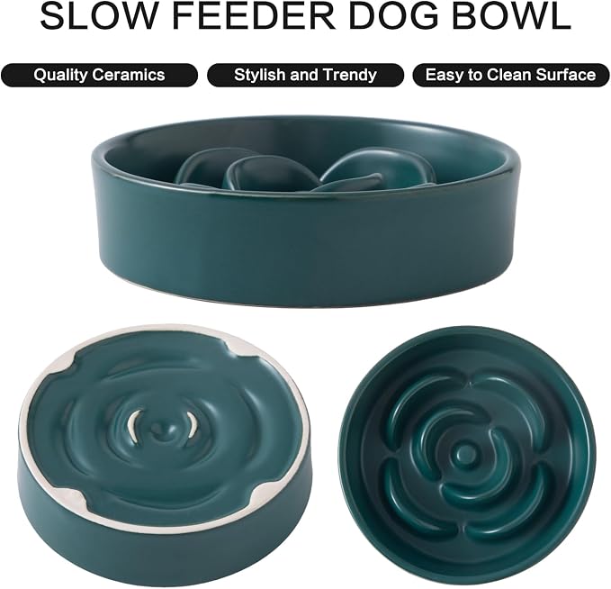 6'' Ceramic Slow Feeder Dog Bowls - Petal Shape Modern Dog Food Dish for Cats and Small Breed Dogs, Puzzle Maze Bowl to Slow Down Eating, Anti-Gulping, Dishwasher & Microwave Safe, Green - Image 2