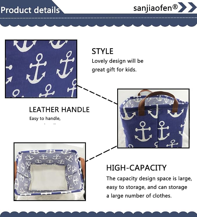 Rectangular Kids Storage Bins,Boys Baskets,Collapsible Anchor Organizer Bin with Handles for Nautical Nursery Decor,Clothes Storage,Book Basket,Gift Basket.( Anchor) - Image 5