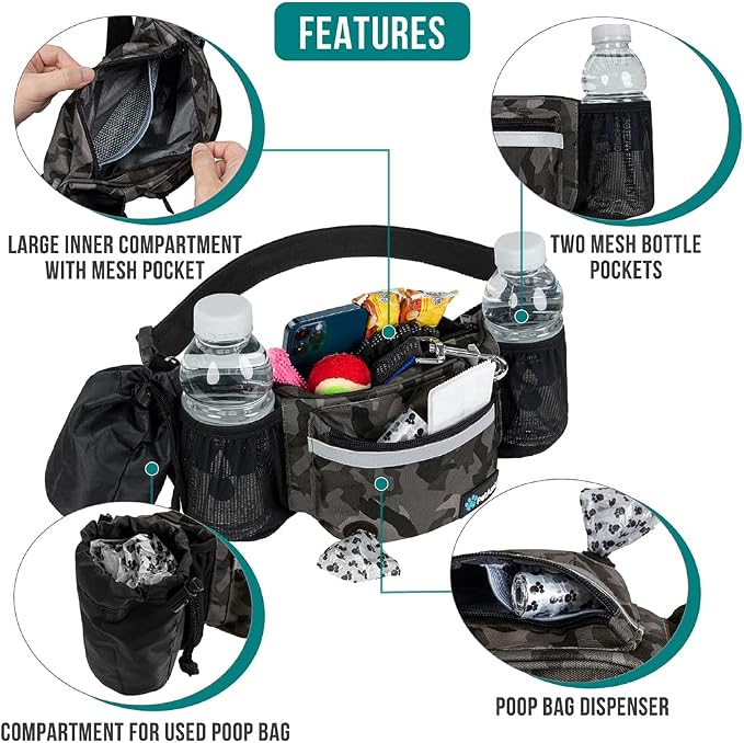PetAmi Dog Fanny Pack, Treat Pouch for Dog Walking Training, Camo Black | Built in Poop Bag Dispenser, Water Bottle Holder, Collapsible Bowl, Pet Treat Waist Belt for Hiking Running Kibbles - Image 3