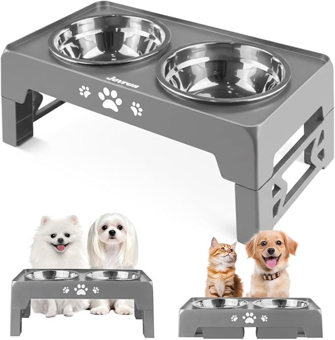 Jovrun Elevated Dog Bowls for Small Dogs and Cats, Non-Slip Cat Bowls with 2 Thick 5.5" Stainless Steel Dishes, Dog Feeder 2 Heights Adjustable to 2.6"-5.3" by Jovrun