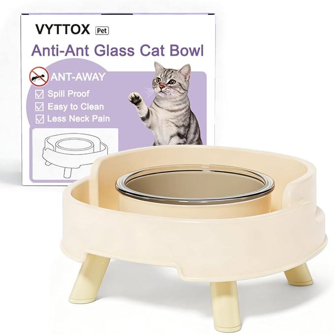 Ant Proof Cat Food Bowl Elevated Pet Dish W/Deep Anti Ant Moat Stand-Pearl | 1 Glass Bowl, Stress Neck Free, Non-Spill Food & Water Bowls W/ Feeding Station for Outdoor&Indoor Cats/Small Dogs, Ant Free by Unknown