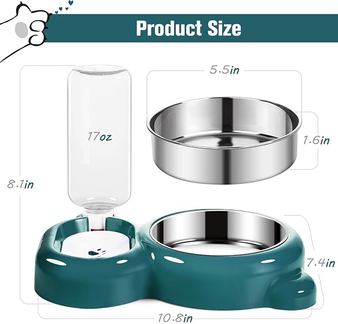 Dog Bowls, Cat Food and Water Bowl Set with Water Dispenser and Stainless Steel Bowl for Cats and Small Dogs - Dark Green - Image 5