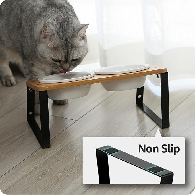 AYADA Elevated Cat Bowls Height Adjustable with Stand (Ceramic) | 15-Degree Tilt, 4.7 or 5.5 Inches, Non-slip Pad, Double Bowls, For Dry Food, Wet Food, Water, Ergonomic, Spine Protection - Image 6