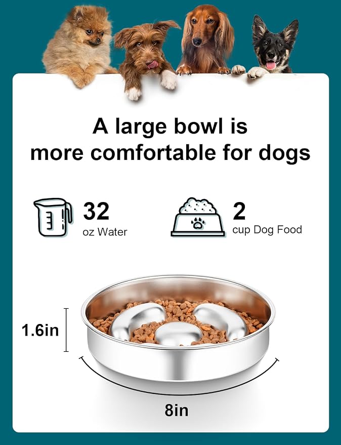 Slow Feeder Dog Bowl Stainless Steel，8-inch Diameter Dog Slow Feeder Bowl，Heavy Duty with Non-Slip Rubber Base，2Cups Capacity for Medium & Large Dog.Thick and Heavy Edition - Image 2