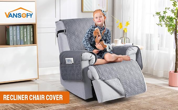 VANSOFY 100% Waterproof Recliner Chair Covers Washable, Light Gray, 28" | Non-Slip, Slipcover with Pocket, Furniture Protector, Elastic Straps, Chair Cover for Pets, Dogs - Image 2