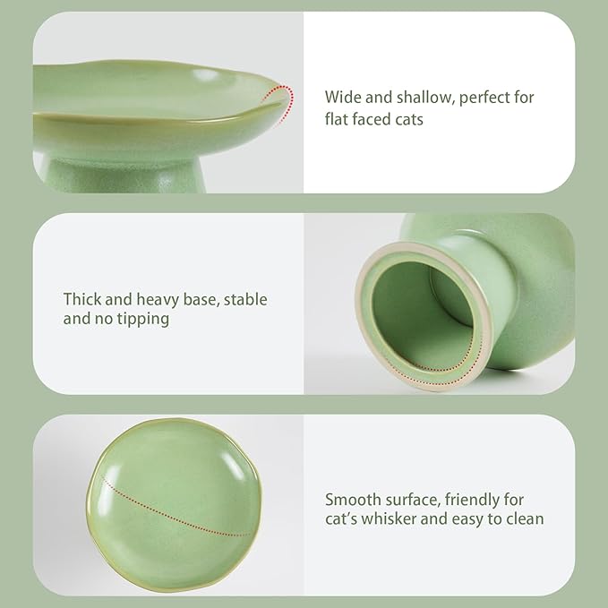 Wide Shallow 6.1" Raised Cat Bowls, Ceramic Elevated Food Bowl for Flat Faced Cats and Small Dogs, Porcelain Feeder Bowl, Stress Free, Protect Cat’s Spine, Green - Image 3