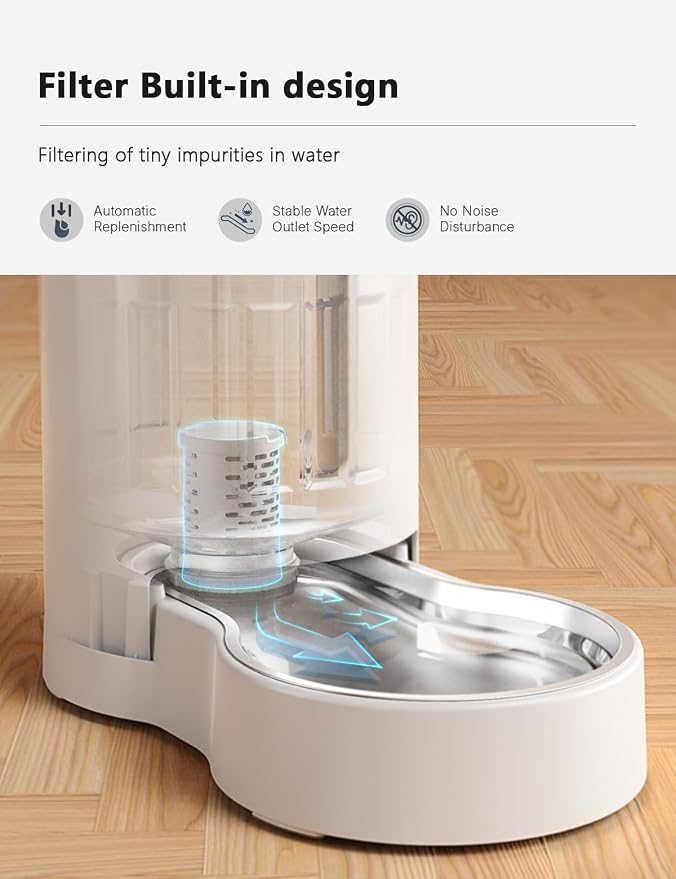 CZPET 2.5 Gallon Dog Water Bowl Dispenser with Filter (9.5L,White) | With Stainless Steel Bowl Gravity Waterer, Large Capacity and Drinking Area Noise-Free for Pets - Image 4
