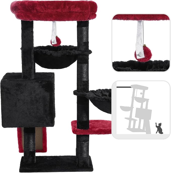 Hey-brother Cat Tree Tower with Large Bed, Hammocks, Scratcher, MPJ006SBR | 35.4 Inches Cat House with Cozy Condo, Sisal Scratching Posts for Indoor Cats, Black and Red - Image 7