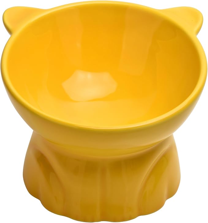 Elevated Cat Food Bowl,9 Oz Ceramic Raised and Tilted Water Bowl,Anti Vomiting and Protect Pets Spines Dishes for Fat Faced Cat, Indoor Cats,Kitten,Small Dog (Yellow) - Image 2
