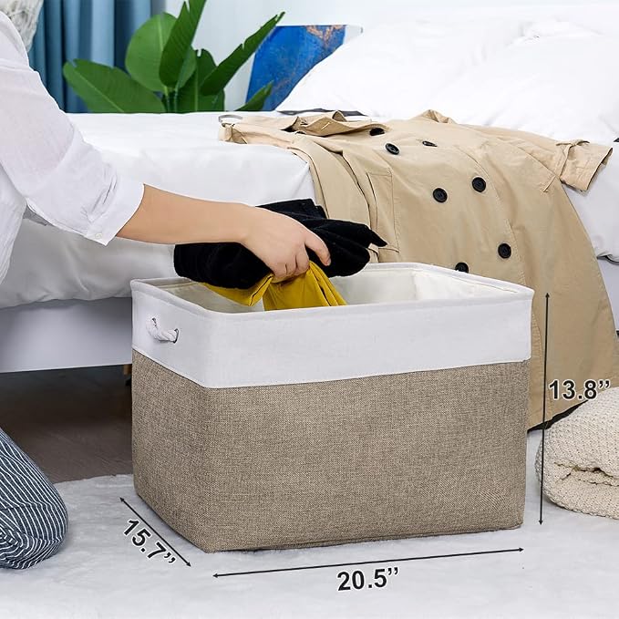 TheWarmHome Organization Basket - 20x16x14 inch Jumbo 3 Pack Collapsible Storage Bins for Shelves, Fabric Storage Cubes for Closet Organizer Gift Toy (White & Khaki) - Image 3