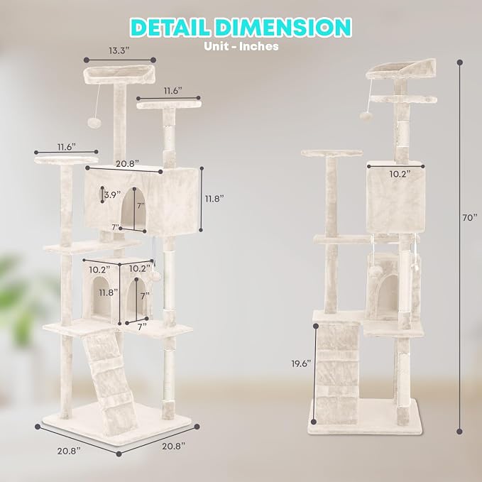 FDW | 70" Cat Tree Tower | Beige | Multi-Level Indoor Activity Center with Sisal Scratching Posts, Condos, Plush Perches, Hanging Cat Toys | Sturdy, Easy to Assemble | for Kittens & Adult Cats - Image 7