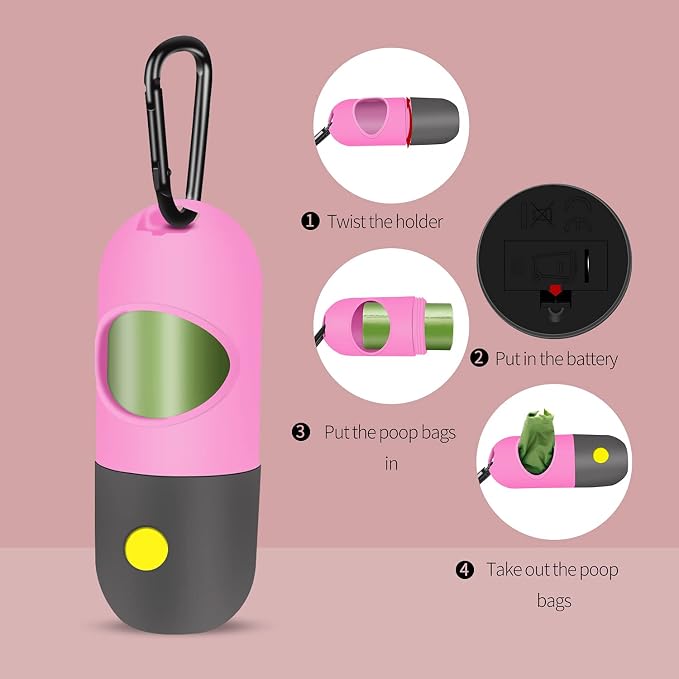 2 Pack Dog Poop Bag Dispenser with Built-in LED Flashlight, Pet Waste Bag Holder for Leash with Carabiner Clip for Lead Leash, 2 Rolls Leak-proof Doggy Waste Bags for Dog Walking, Pink, Eliamo - Image 4