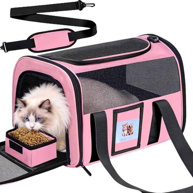Large Soft Cat Carrier with Detachable Food Bowl,Pet Bag (Up to 28 lbs) | Puppy Kennel with Lockable Zippers for Small Dog, Kitten,Medium Travel Carrying Case for Car Airline Transport,Pink by Unknown
