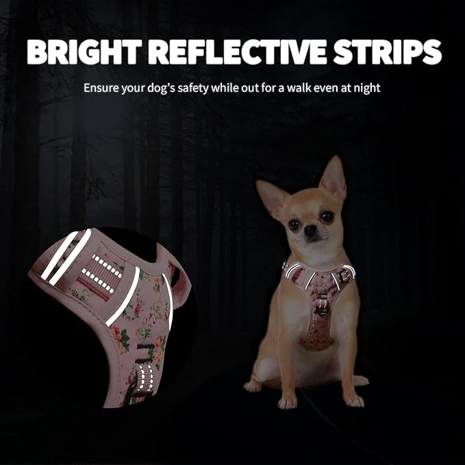 HEELE Dog Harness, No Pull Adjustable Padded Reflective Harness for Small Medium Large Dogs with Handle for Walking Training, Flower-Pink, M | Front Clip for Medium Dog Harness, 2 Metal Rings with Handle, Adjustable, Soft Breathable Padded Pet Vest for... - Image 4