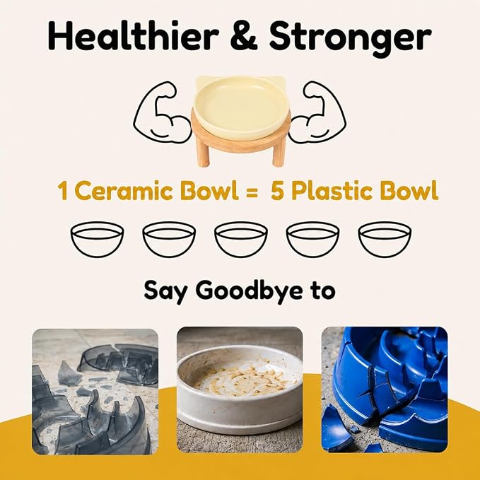 Elevated Ceramic Cat Bowls with Bamboo Stand for Cat Bowl, Whisker Friendly Shallow Cat Plate, Stable Raised Cat Food Riser for Indoor Cats (Yellow, Set of 1) - Image 6
