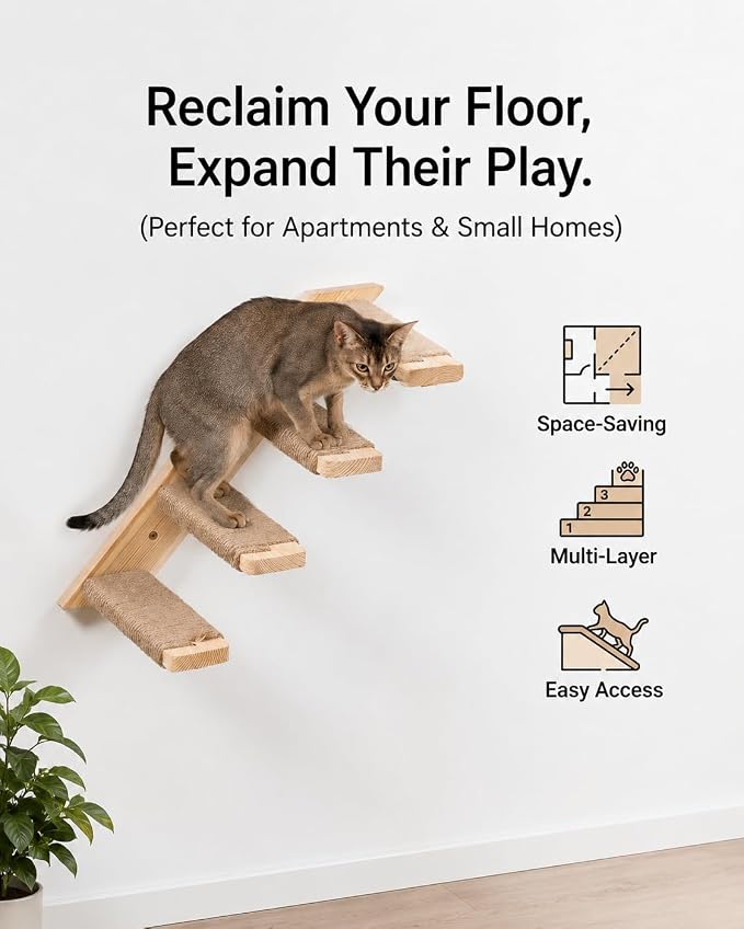 Cat Wall Shelves Stairs Cat Wall Furniture Mounted, 2PCS Shelves & 2PCS 4 Steps Climbing Shelf Scratching Perches for Sleeping, Playing, Climbing - Image 6