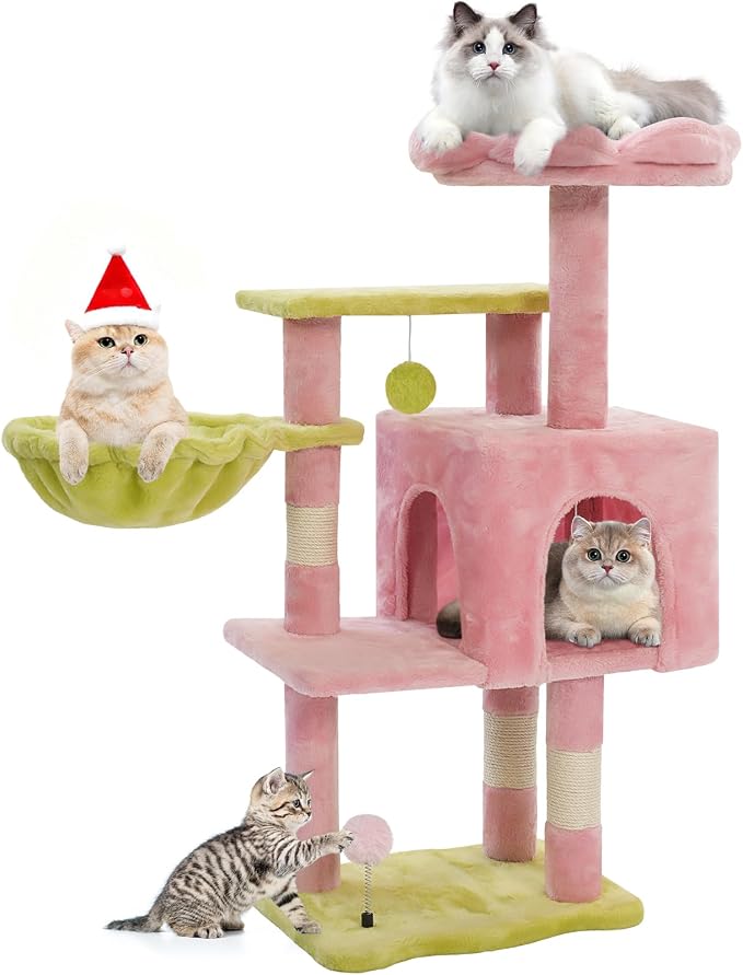 Cat Tree Tower with Hammock,40" Cat Trees for Indoor Cats Large Adult(Pink) | Modern Cat Tree Tower with Scratching Post, Cats Condo Furniture with Cloud Top Perch, Cats Climbing Tower for Kittens by Yungaspy