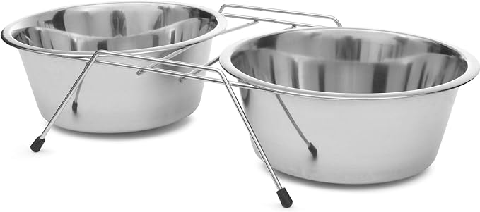 Jeffers Pet Low Profile Stainless Steel Double Diner Pet Bowls with Non-Skid Frame – Dog Bowls & Cat Bowls for Food, Water, Milk, Wet or Dry Pet Food, Puppy, Kitten Feeding Station Set - 64 oz by Jeffers