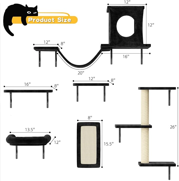 12-in-1 Cat Wall Shelves, Luxury Wall-Mounted Cat Climber Set | with Condos House, Scratching Post, Bridge Ladder, Indoor Space-Saving Furniture for Kittens, Black - Image 3