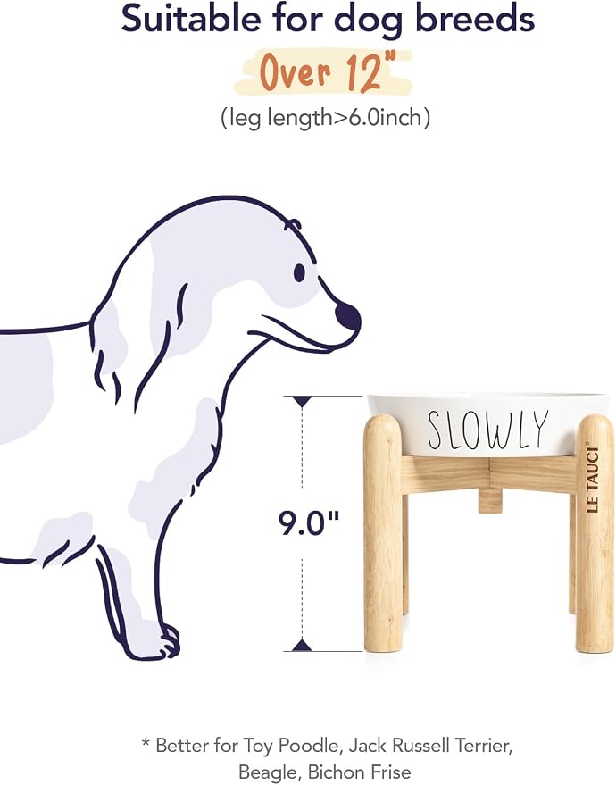 LE TAUCI PET Ceramic Slow Feeder Dog Bowls Elevated, 3 Cups Raised Dog Bowl with Wooden Stand for Medium Large Breed to Slow Down Eating, Puzzle Food Bowl,White - Image 6