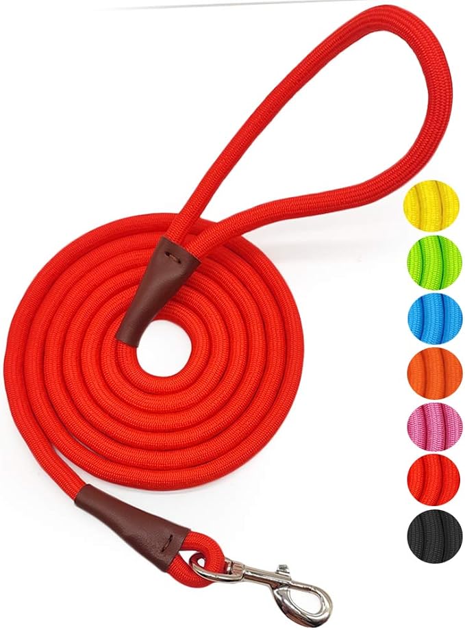 MayPaw 4/6 /8/10 FT Dog Leash, Classic Solid Colors, Strong Nylon Rope Dog Leash Reinforced with Leather Tailor Connection Heavy Duty Silver Clasp (red, 6ft*1/2") by MayPaw