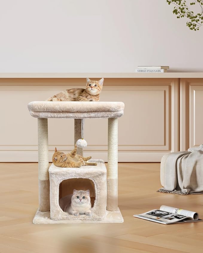 SYANDLVY 27" Cat Tree for Indoor Cats, Activity Tower with Scratching Posts | Modern Kitten Condo with Plush Perch & Hanging Ball for Play, Beige - Image 6
