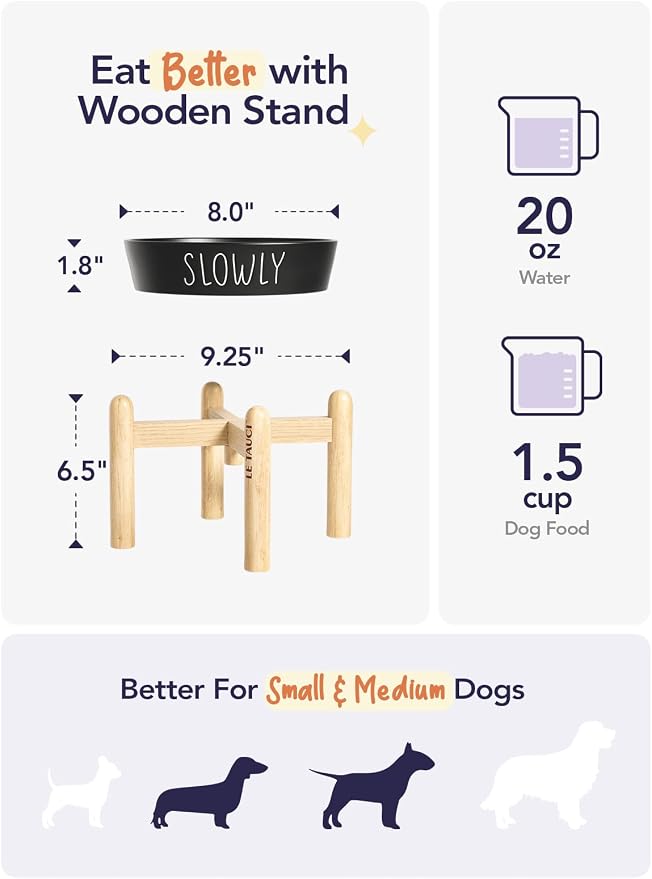 LE TAUCI PET Ceramic Slow Feeder Bowl Elevated - 1.5 Cup with Wood Stand for Small & Medium Breed, Anti-Gulping, Black - Image 3