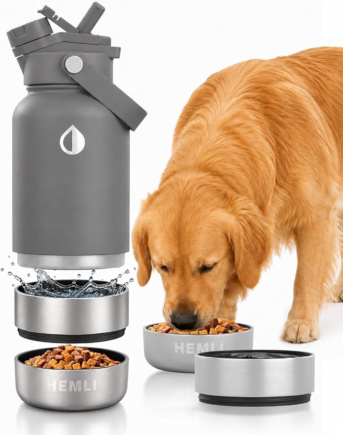 32 oz. Dog Water Bottle, Insulated Dog Travel Water Bottle, Stainless Steel Pet Water Bottle Dispenser Portable Food and Water Bowl for Dogs for Walking Dog Canteen Travel Kit by Hemli