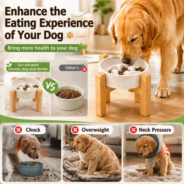 Elevated Ceramic Slow Feeder Dog Bowls Anti-Choking Slow Feeding for Small&Medium Size Anti-Slip Non-Lead & Toxic Durable Easy to Clean Maze Slow Feeder Bowl（8.26in Marble Brown Stars Pattern） - Image 4