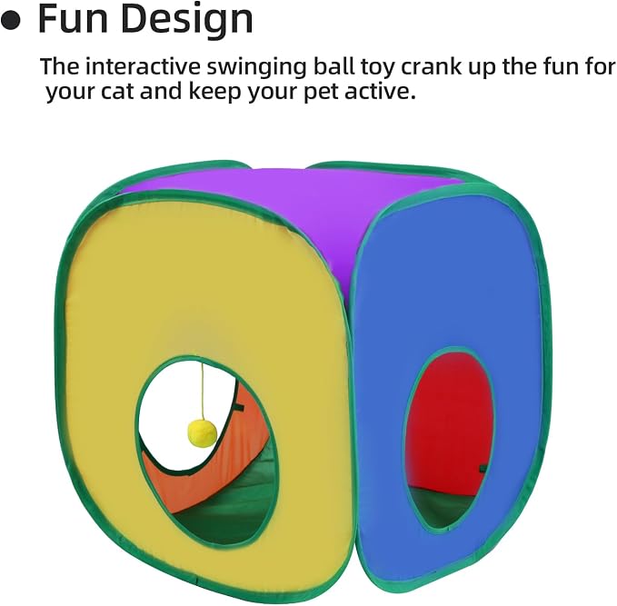 Cat Tunnels for Indoor Cats with Tent Cube and Feather Toy Collapsible Combo, Pop Up Cat Play Tunnel with Interactive Cat Toy Ball for Kitten, Ferret, Puppy, Guinea Pig, Rabbit, Bunny, Multicolour - Image 7