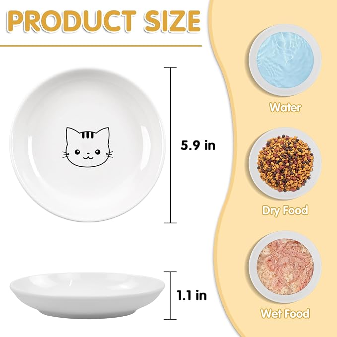 6 Pack Cat Food Bowl, Ceramic Cat Bowls, Anti Whisker Fatigue Cats Bowl Set | 5.5 Inches Shallow Wide Kitten Plates for Food and Water (White-C) - Image 2