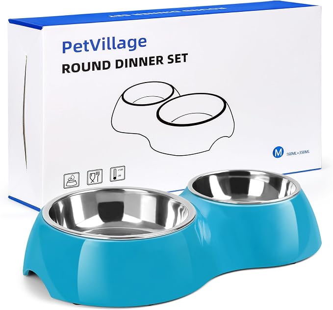 Double Dog Bowls and Food Bowls,Includes Small (4 fl oz) & Medium (10 fl oz) & Non-Slip Resin Station,Pet Feeder for Puppy Medium Dogs Cats - Blue by Petvillage