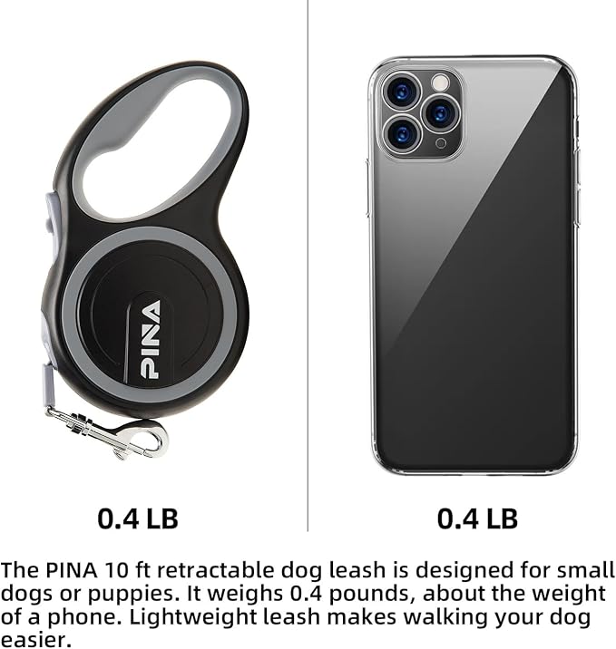 PINA Retractable Dog Leash, 10ft Dog Leash for Small Dogs Up to 33lbs, 360° Tangle-Free Strong Reflective Nylon Tape, with Anti-Slip Handle, One-Handed Brake, Lock - Black Gray - Image 2