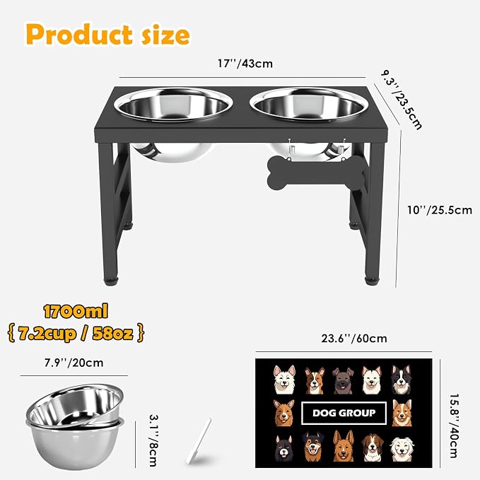 ADENGL 10" Elevated Dog Bowls – Metal Raised Dog Bowl Stand with 2 x 1700ml Stainless Steel Bowls, 1 Slow Feeder & Non-Slip Mat for Dogs - Image 3
