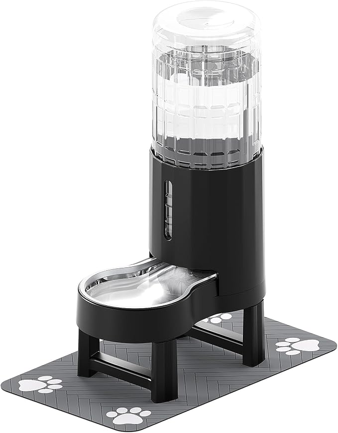 CZPET Elevated Dog Water Bowl Dispenser with Mat (9.5L+Stand+Mat,Black) | With Stainless Steel Bowl Gravity Waterer, Large Capacity and Drinking Area Noise-Free for Pets by CZPET