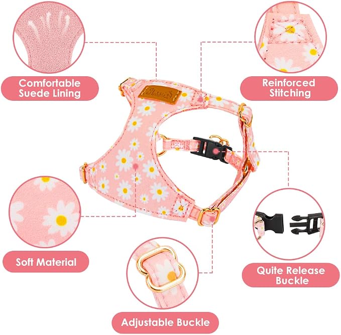 SlowTon No Pull Dog Harness with Leash for Small Medium Dogs, Pink M | Floral Pattern, Step-in, Lightweight, Easy Put On and Off, No Choke, Soft Cotton and Suede for Daily Walking - Image 5