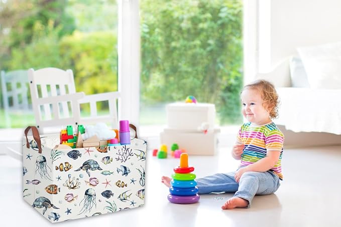 Sanjiaofeng Rectangular Kids Basket Ocean Storage Bins,Boys and Girls Storage Basket with Handles.Clothers,Toys,Books,Kid's Gifts Bins. (Ocean) - Image 4