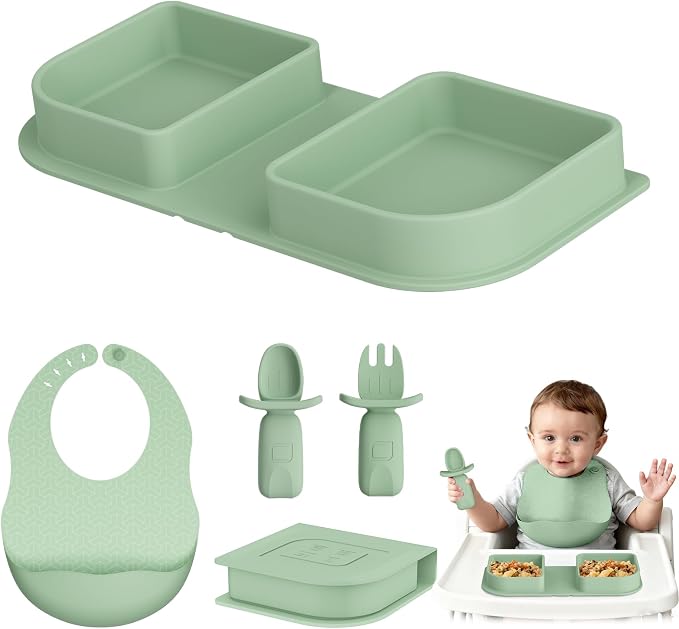 Green Foldable Silicone Baby Feeding Set, Portable Travel Baby Feeding Essentials Including Toddler Plates, Silicone Baby Spoon&Fork, Adjustable Foldable Bib, Portable Infant Toddler Utensils by Cathill