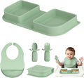 Green Foldable Silicone Baby Feeding Set, Portable Travel Baby Feeding Essentials Including Toddler Plates, Silicone Baby Spoon&Fork, Adjustable Foldable Bib, Portable Infant Toddler Utensils by Cathill