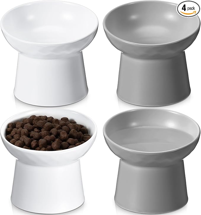 4 Pcs Ceramic Raised Cat Bowls, Elevated Tilted Cat Bowl for Food Water, Stress Free, Backflow Prevention, Dishwasher Microwave Safe, Feeder Dish for Indoor Kitten, Small Dogs(White and Grey) by Tanlade